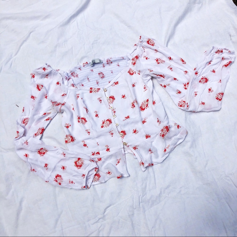 White and Red Floral Button Front Long Sleeve Crop Top